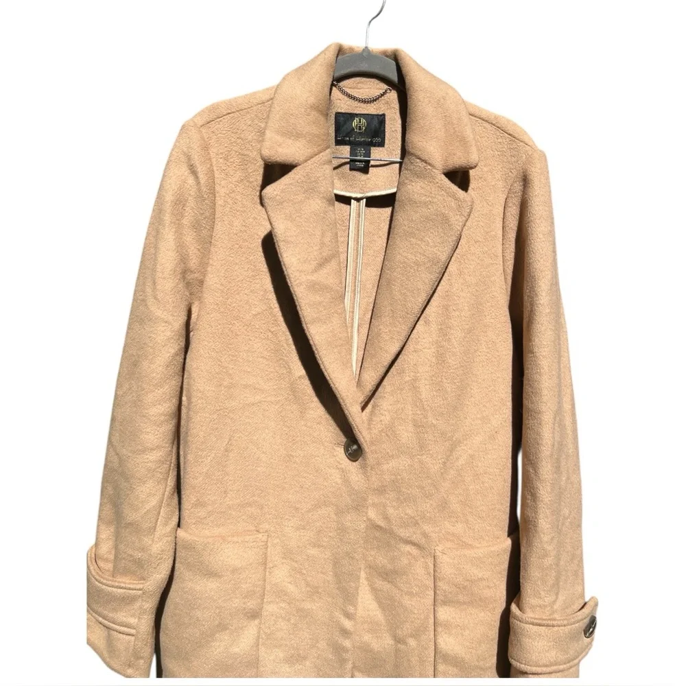 HOUSE OF HARLOW 1960 Wool Coat Long Pea Coat Camel Beige Tan Size Medium - Picture 2 of 11